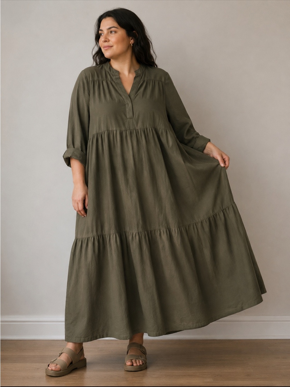 Chico's Olive Tiered Maxi Dress with V-Neck